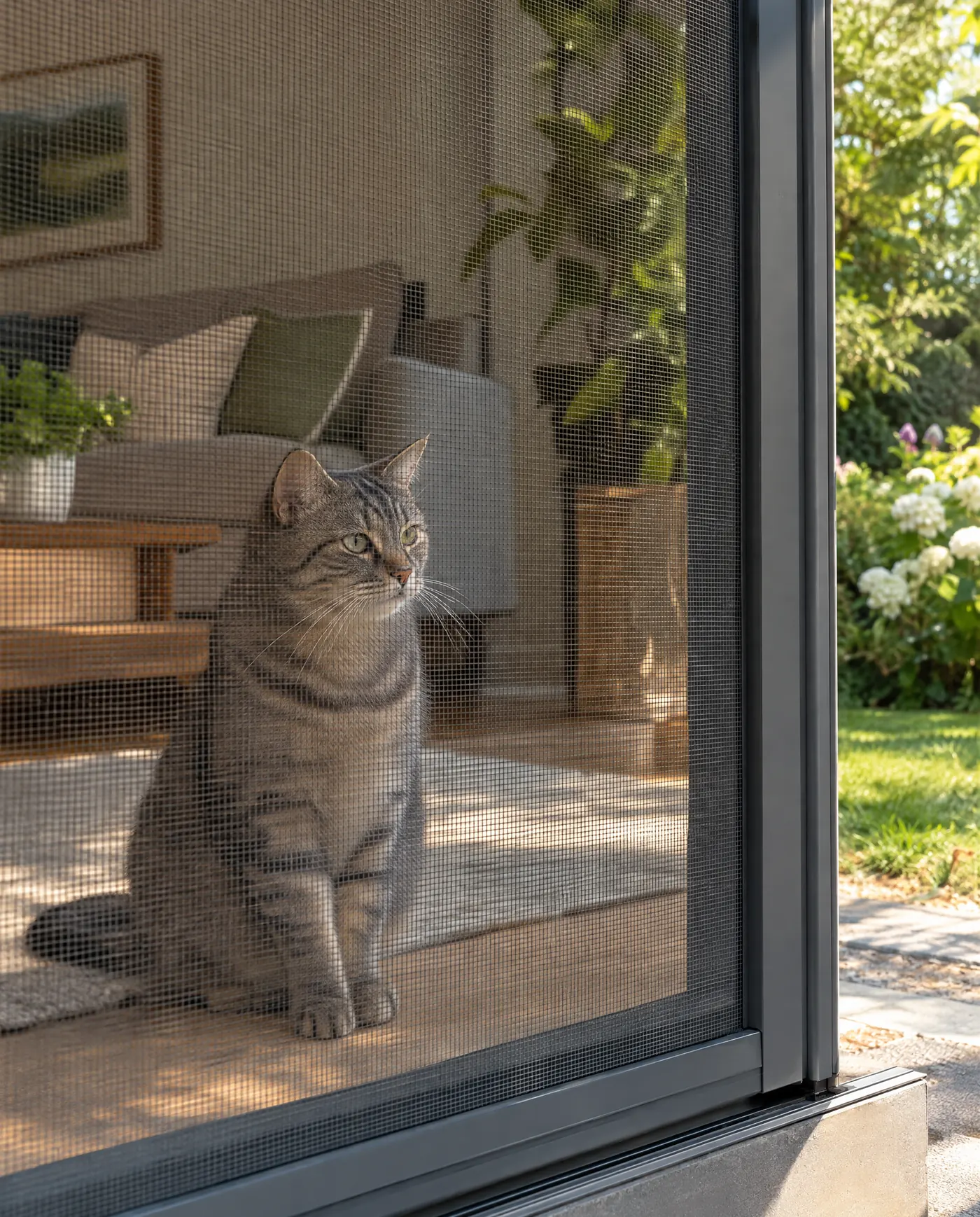 Katze sitzt hinter einer Tür mit robustem grauem Haustiergewebe