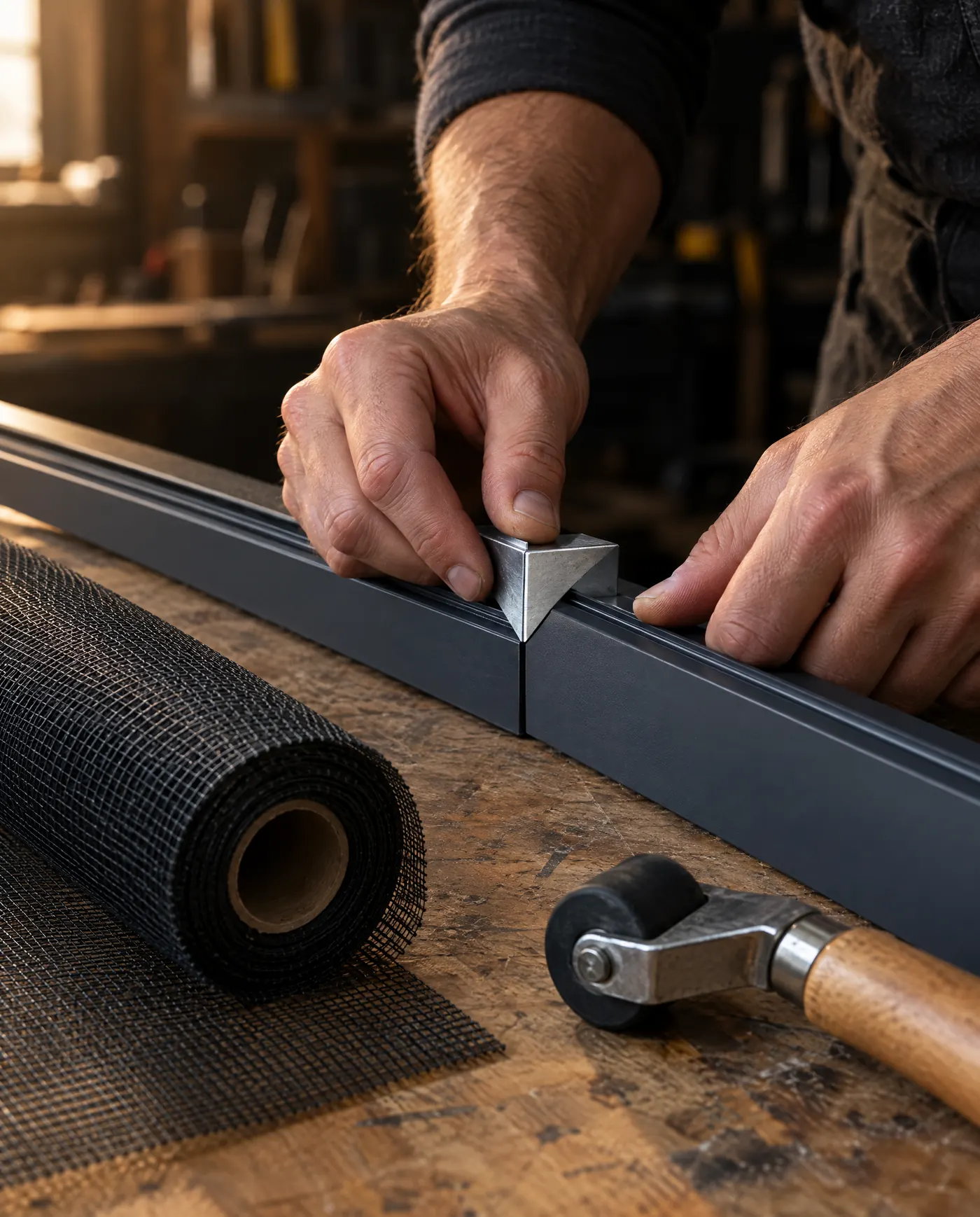 Aluminiumprofile auf Gehrung geschnitten werden mit einem Eckwinkel verpresst